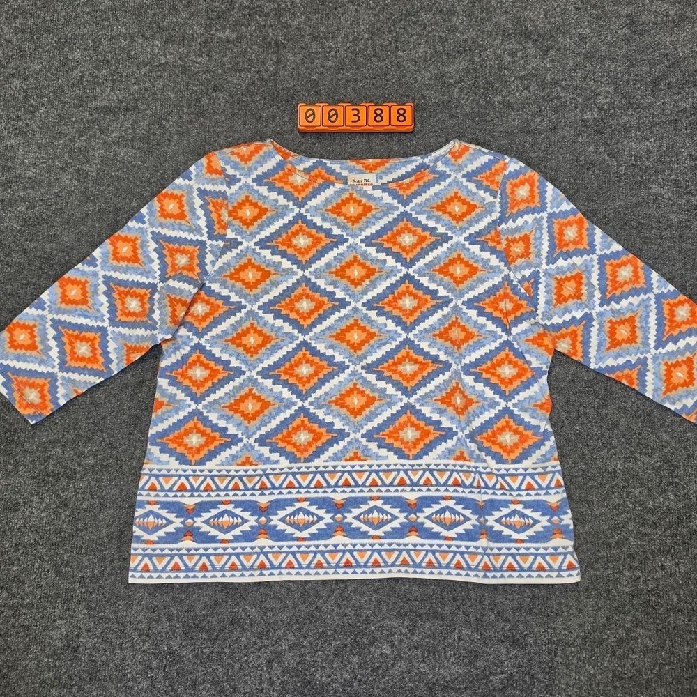 Ruby Rd. Favorites blue/orange geometric diamond and triangle pattern blouse
